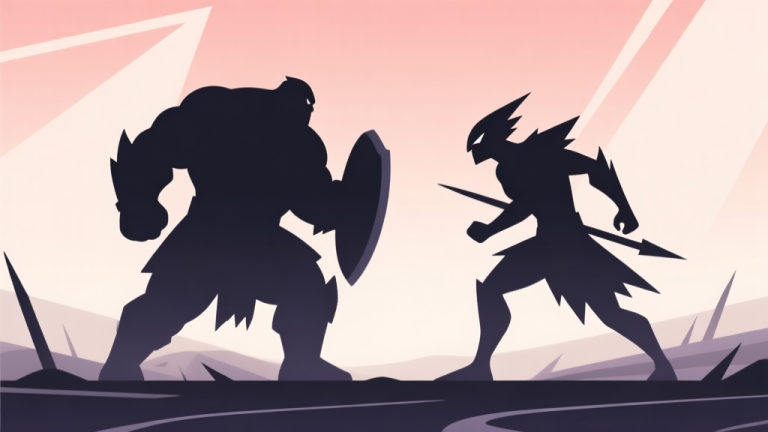自动生成图片: Two contrasting game character silhouettes, one bulky and defensive, one agile and sharp, facing each other on a minimalist battlefield with abstract terrain lines, soft gradient background, clean geometric shapes, flat design style high quality illustration, detailed, 16:9