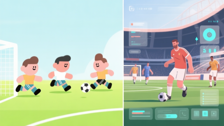 自动生成图片: A split-screen illustration showing two contrasting soccer game styles. Left side: simple, cartoonish players with exaggerated physics on a bright field. Right side: realistic, detailed players in a stadium with complex UI elements. Minimalist, clean lines, soft colors. high quality illustration, detailed, 16:9