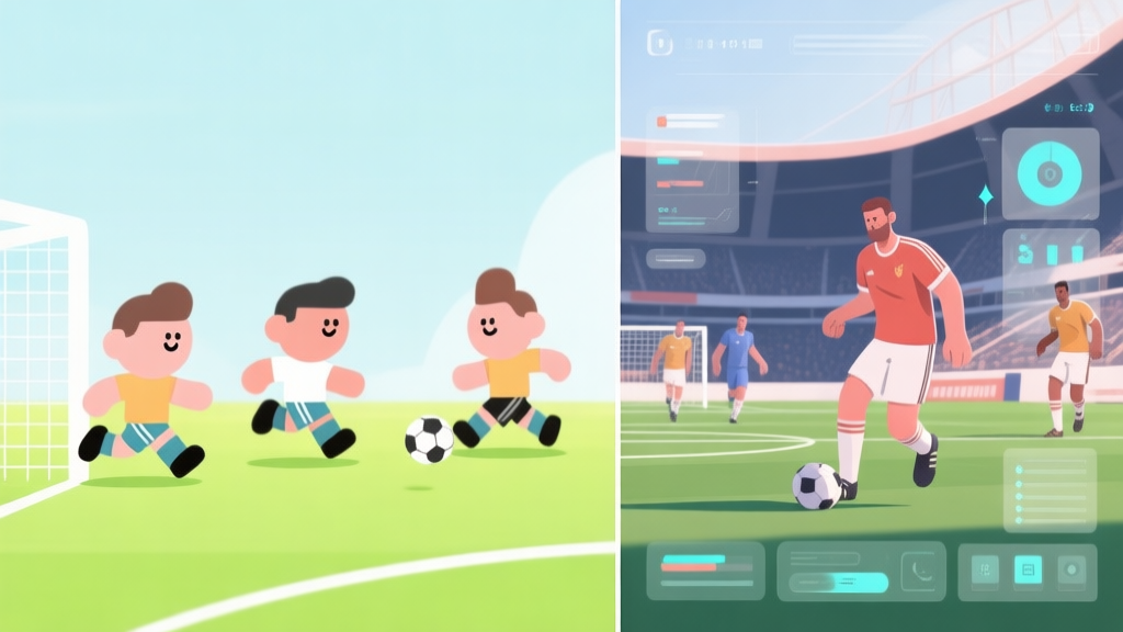 A split-screen illustration showing two contrasting soccer game styles. Left side: simple, cartoonish players with exaggerated physics on a bright field. Right side: realistic, detailed players in a stadium with complex UI elements. Minimalist, clean lines, soft colors. high quality illustration, detailed, 16:9