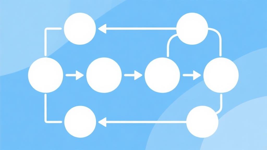 Simple flowchart illustration with connected circles and arrows, light blue and white color scheme, clean minimal design, business presentation style high quality illustration, detailed, 16:9