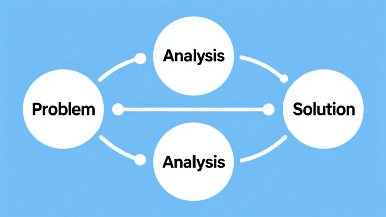 自动生成图片: Simple flowchart illustration with connected circles labeled "Problem", "Analysis", "Solution", light blue and white color scheme, clean minimal design, business presentation style high quality illustration, detailed, 16:9
