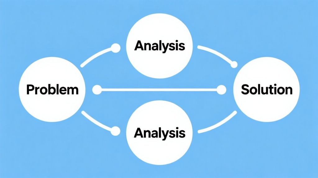 Simple flowchart illustration with connected circles labeled "Problem", "Analysis", "Solution", light blue and white color scheme, clean minimal design, business presentation style high quality illustration, detailed, 16:9