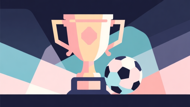 自动生成图片: Abstract geometric composition with overlapping shapes forming a trophy and soccer ball, soft pastel colors, modern minimal style, professional gaming concept illustration high quality illustration, detailed, 16:9