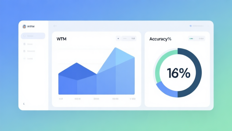 自动生成图片: Minimalist business dashboard showing WPM and Accuracy percentages side by side, clean geometric shapes, soft blue and green gradient background, professional data visualization style high quality illustration, detailed, 16:9