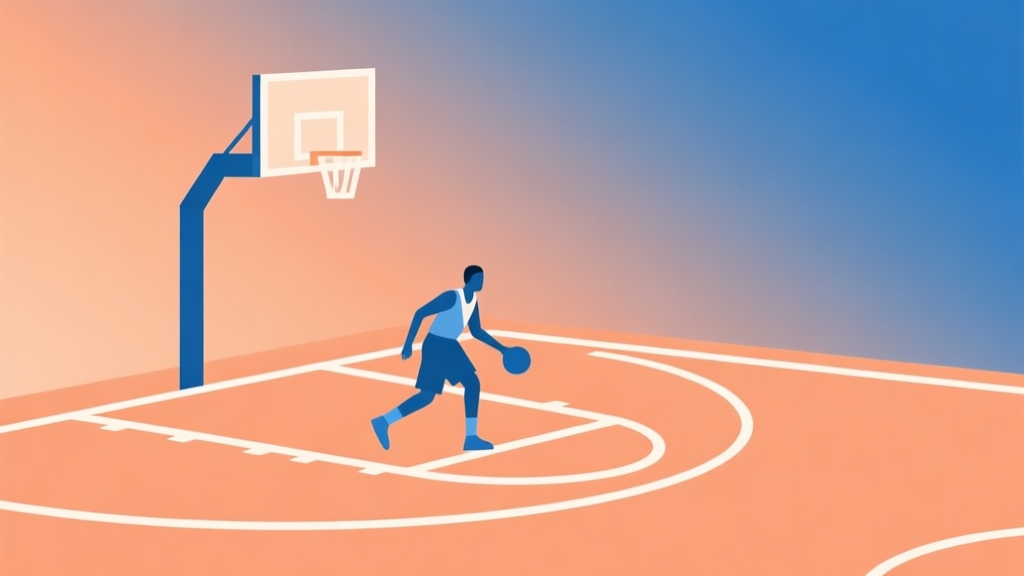Simple geometric illustration of a basketball court with a player figure mid-dribble, clean lines, soft orange and blue gradient background, minimalist sports concept high quality illustration, detailed, 16:9