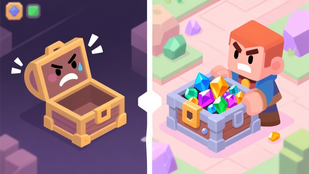 A split-screen illustration showing a frustrated game character on one side with an empty inventory, and a confident character on the other side with a full inventory of colorful gems and ores, soft pastel color palette, isometric game view high quality illustration, detailed, 16:9