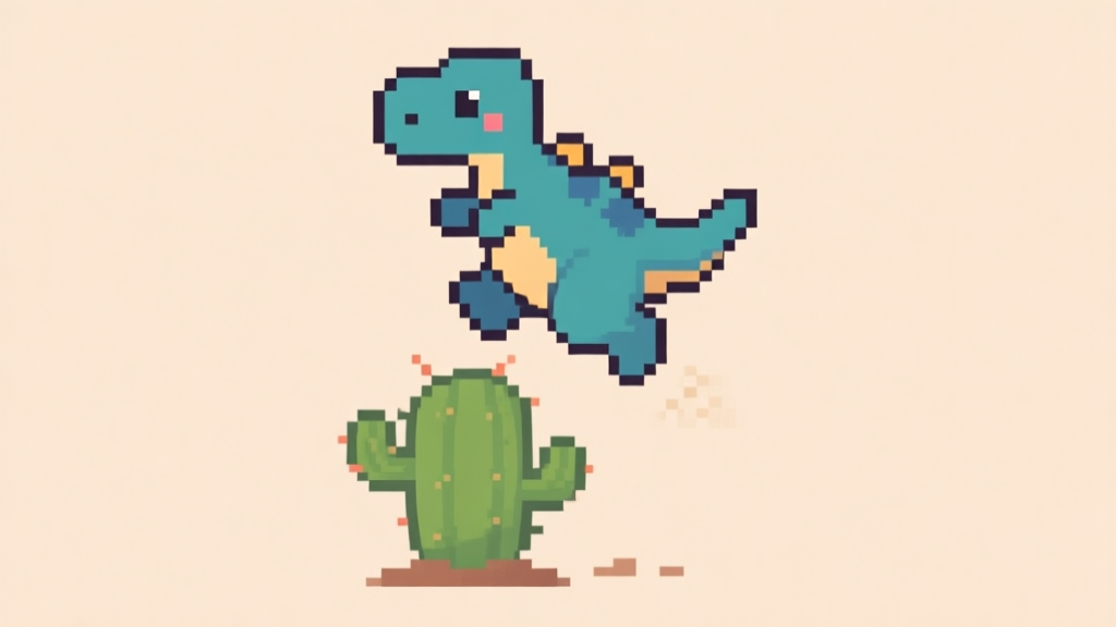 A minimalist, cute pixel art style of the Chrome Dino character mid-jump over a small cactus, on a soft beige background, conveying a sense of simple fun high quality illustration, detailed, 16:9