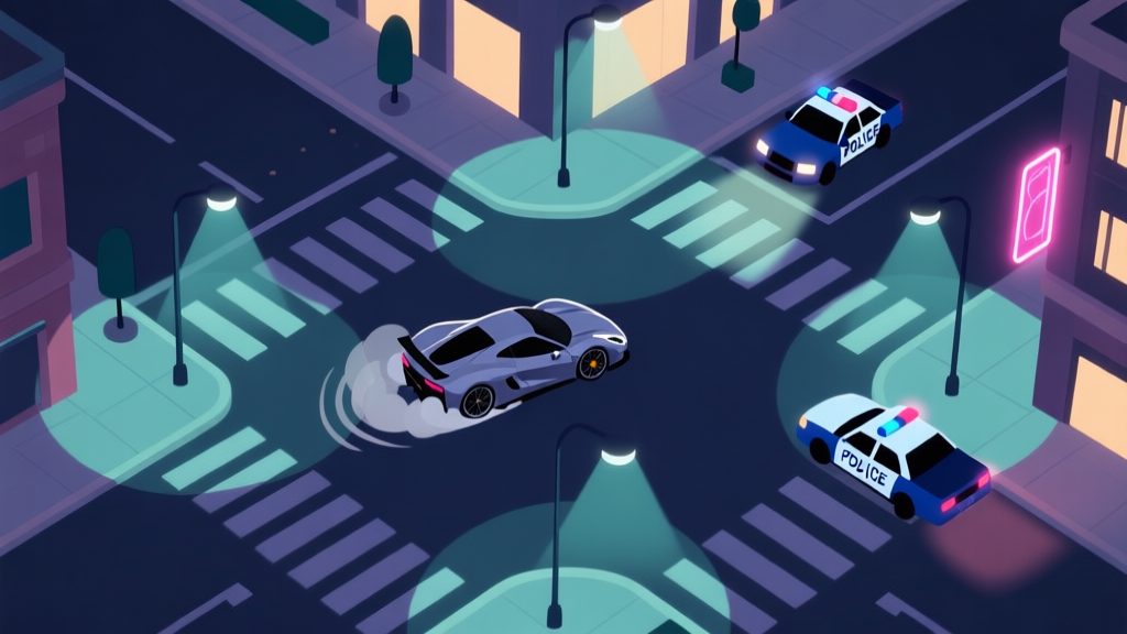 A top-down view of a stylized city intersection at night, a sleek sports car mid-drift avoiding two police cars, soft neon glow from street lights, minimalist game art style high quality illustration, detailed, 16:9