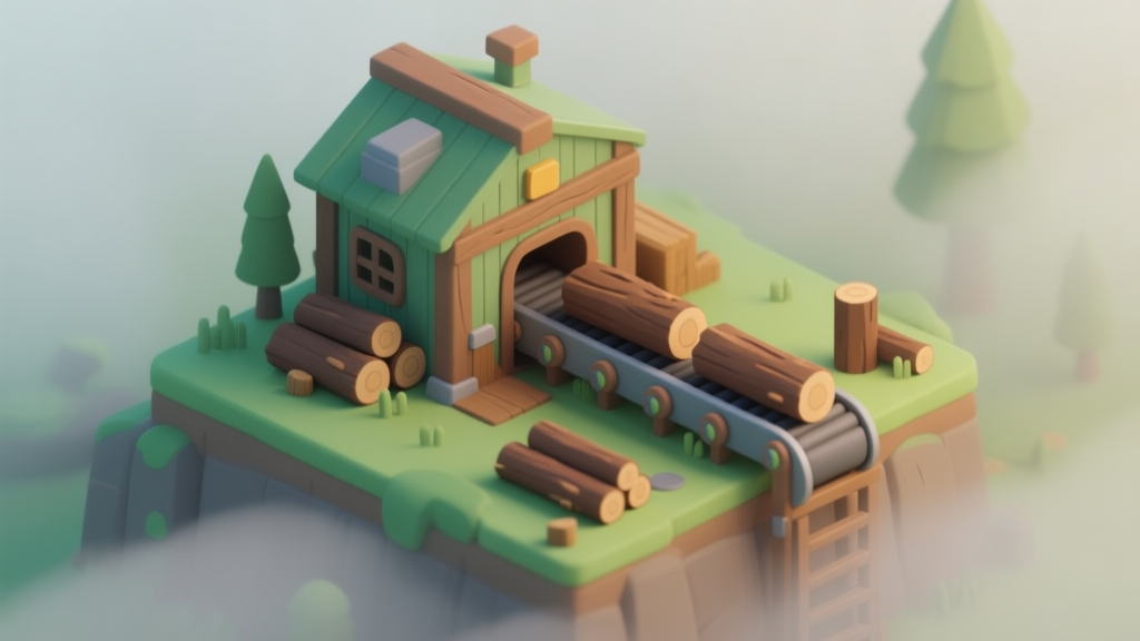 A cozy, isometric view of a small digital lumber mill with a gentle conveyor belt moving logs, soft green and brown color palette, early morning fog, idle game aesthetic high quality illustration, detailed, 16:9