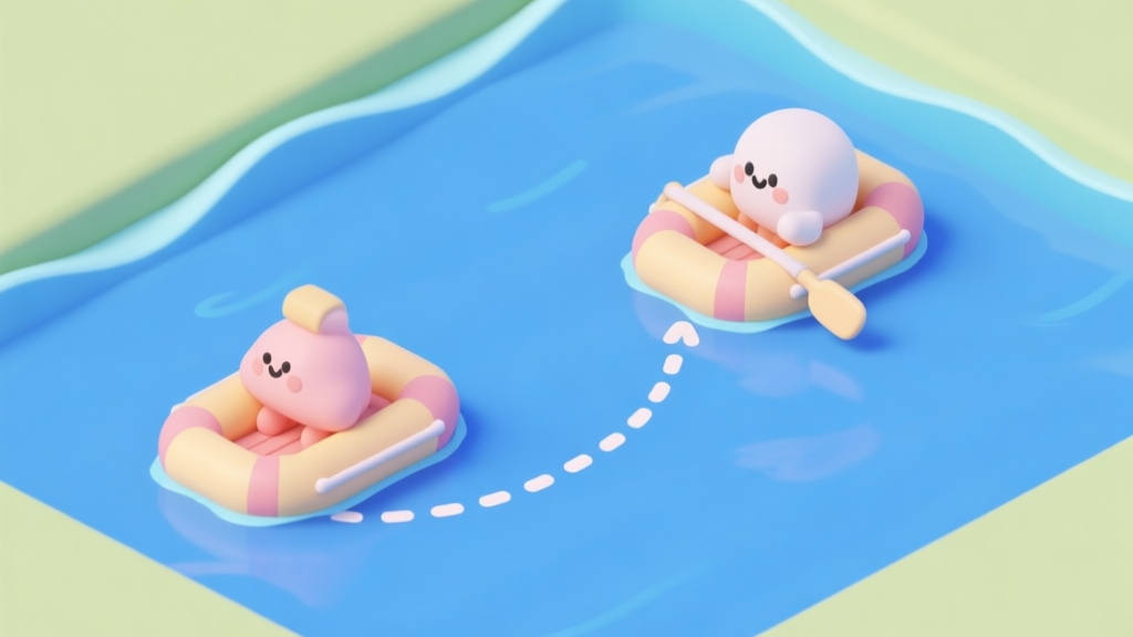 A playful, isometric illustration of two cartoon rafts on blue water, with a dotted trajectory line arcing from one raft to another, soft pastel colors, clean lines high quality illustration, detailed, 16:9