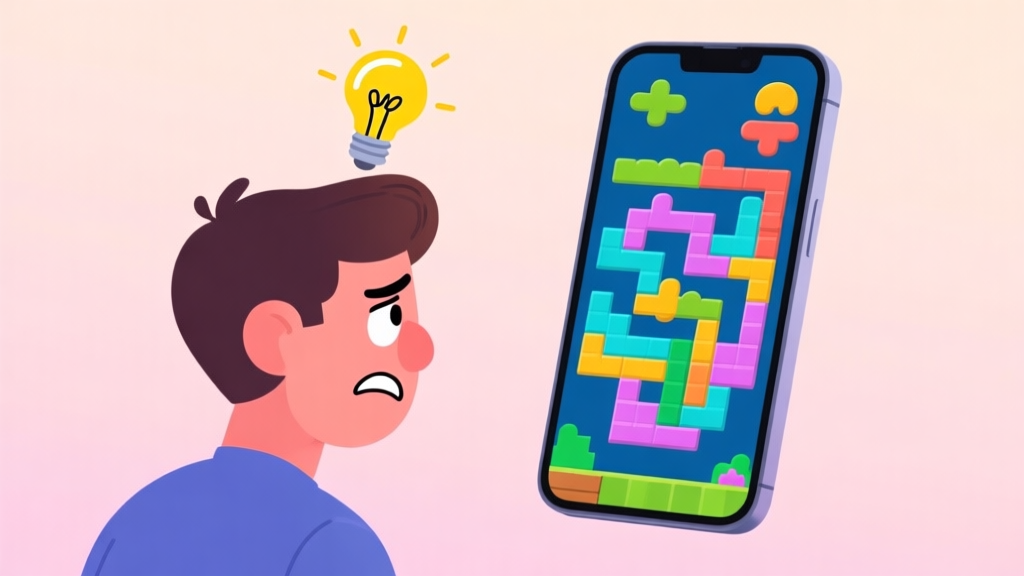 A frustrated player looking at a colorful, complex puzzle game level on a mobile screen, with a lightbulb icon appearing above their head, soft pastel background high quality illustration, detailed, 16:9