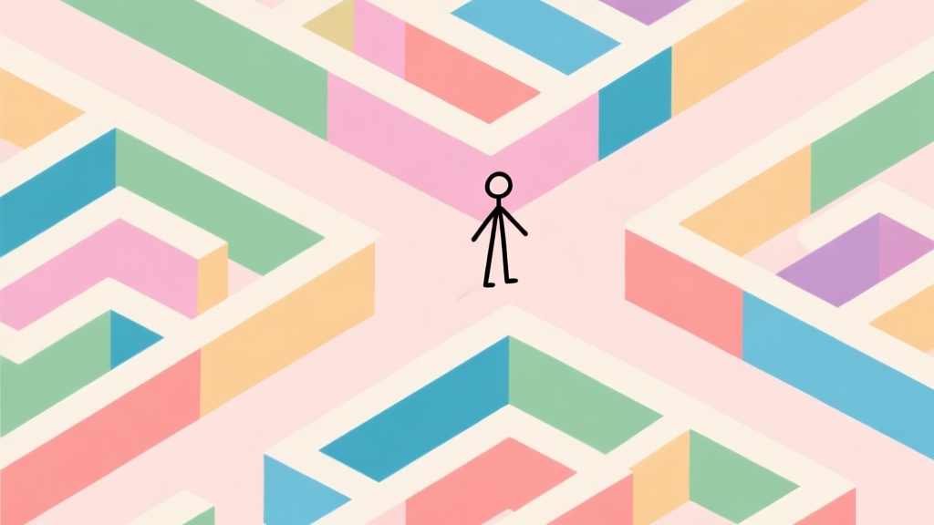 A minimalist top-down view of a colorful maze with multiple path types, a simple stick figure at a crossroads, soft pastel colors, clean lines, flat design style high quality illustration, detailed, 16:9
