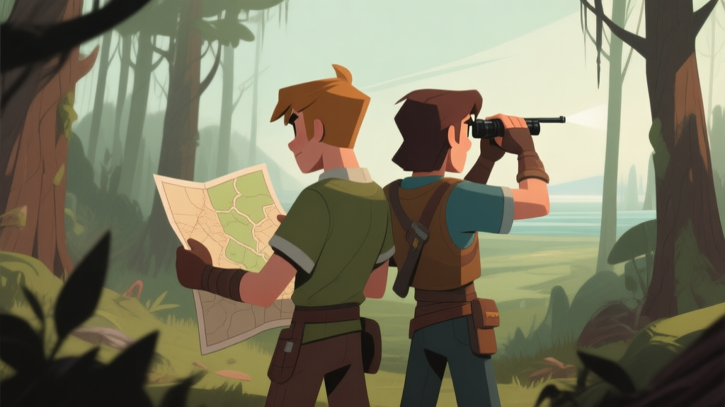 Two stylized game characters back-to-back in a hostile forest environment, one holding a map, the other scanning the horizon, visual metaphor for cooperation, soft color palette with muted greens and browns high quality illustration, detailed, 16:9