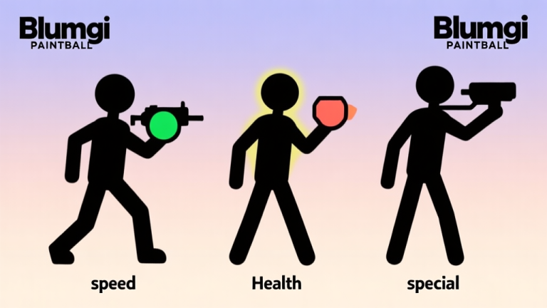 自动生成图片: A side-by-side minimalist comparison of three distinct stickman silhouettes from Blumgi Paintball, each with a different core stat (speed, health, special) highlighted, on a soft gradient background high quality illustration, detailed, 16:9