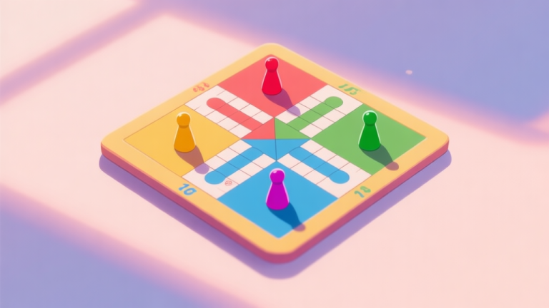 自动生成图片: A top-down view of a vibrant Ludo board with four different colored tokens in strategic positions, soft shadows, pastel color palette, focus on the center of the board, digital illustration style high quality illustration, detailed, 16:9