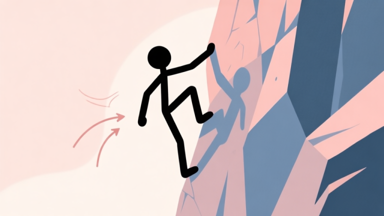 自动生成图片: A minimalist side-view illustration of a stick figure character mid-climb on a geometric rock face, with subtle force arrows showing push, gravity, and momentum, in a soft pastel color palette high quality illustration, detailed, 16:9