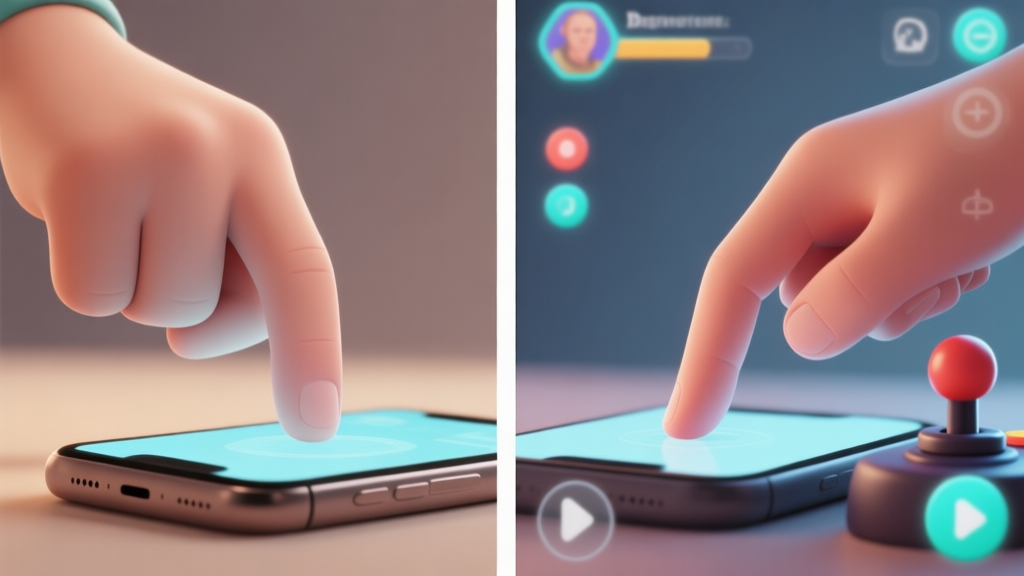Side-by-side comparison of a beginner's tense thumb hovering stiffly over a mobile screen versus a relaxed, confident thumb making precise contact, game UI elements like virtual joystick and buttons visible in the background, soft lighting, muted color palette high quality illustration, detailed, 16:9