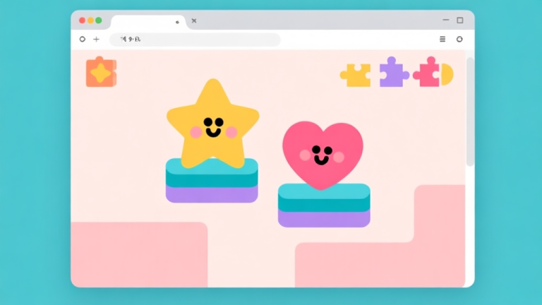 自动生成图片: A clean, minimalist browser window showing a colorful puzzle game with a star and heart character on simple platforms, soft pastel background, flat design style high quality illustration, detailed, 16:9