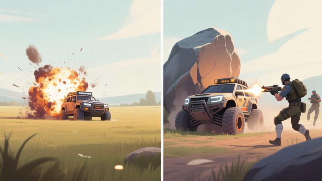 A split-screen illustration showing contrast in Battle Wheels gameplay. Left side: a lone vehicle exploding in an open field. Right side: a vehicle strategically using a large rock as cover while firing, with a teammate approaching from the flank. Soft, muted color palette. high quality illustration, detailed, 16:9