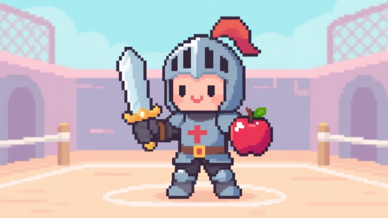 自动生成图片: A cute pixel-art knight character holding a sword and a shiny apple, standing in a simple training arena, soft pastel colors, clean lines, friendly and inviting game art style high quality illustration, detailed, 16:9