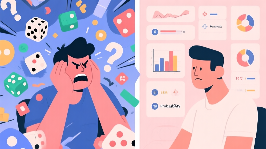 A split-screen illustration showing a frustrated player on one side with chaotic, random game elements (dice, question marks) and a calm, strategic player on the other side with organized charts and probability symbols, in a soft pastel color scheme high quality illustration, detailed, 16:9