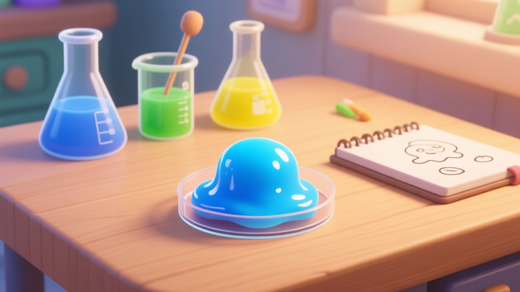 A cozy, inviting game screenshot style image of a beginner-friendly slime laboratory. Soft, warm lighting illuminates a clean wooden desk with three neatly organized beakers (one blue, one green, one yellow), a stirring rod, and a notebook with simple slime doodles. In the foreground, a single, perfect blob of glossy blue slime sits proudly on a petri dish. high quality illustration, detailed, 16:9