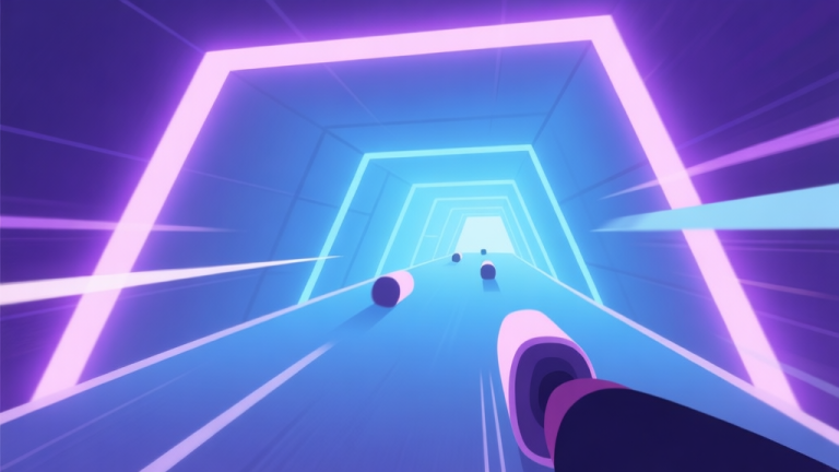 自动生成图片: A minimalist, first-person perspective view inside a neon-lit geometric tunnel, with obstacles approaching in the distance. Soft blues and purples dominate the color scheme, conveying speed and focus without harsh contrasts. high quality illustration, detailed, 16:9