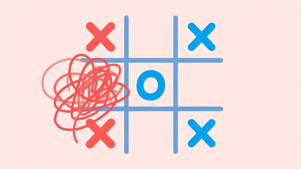 A minimalist, flat-design illustration of a tic tac toe grid. One corner shows a chaotic scribble of losses (red X's and O's), while the other corner shows a perfect, strategic winning line (clean blue symbols). Soft pastel background. high quality illustration, detailed, 16:9