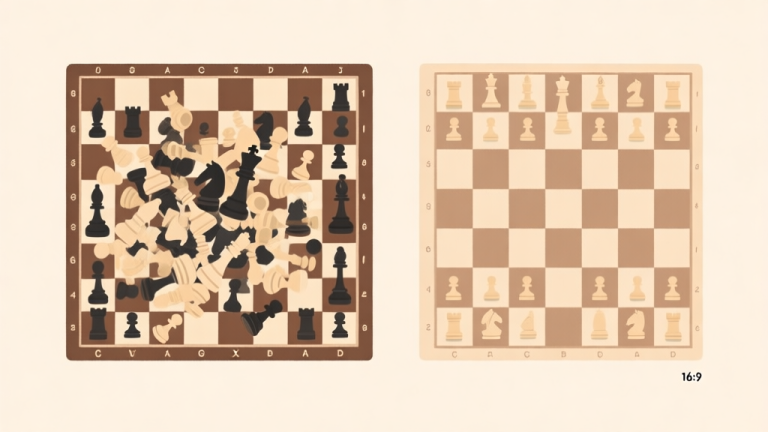 自动生成图片: A minimalist chessboard illustration showing a clear contrast between a chaotic, cluttered opening setup on one side (with pieces crammed in the center) and a harmonious, strategically spread setup on the other, using a soft beige and brown color palette high quality illustration, detailed, 16:9