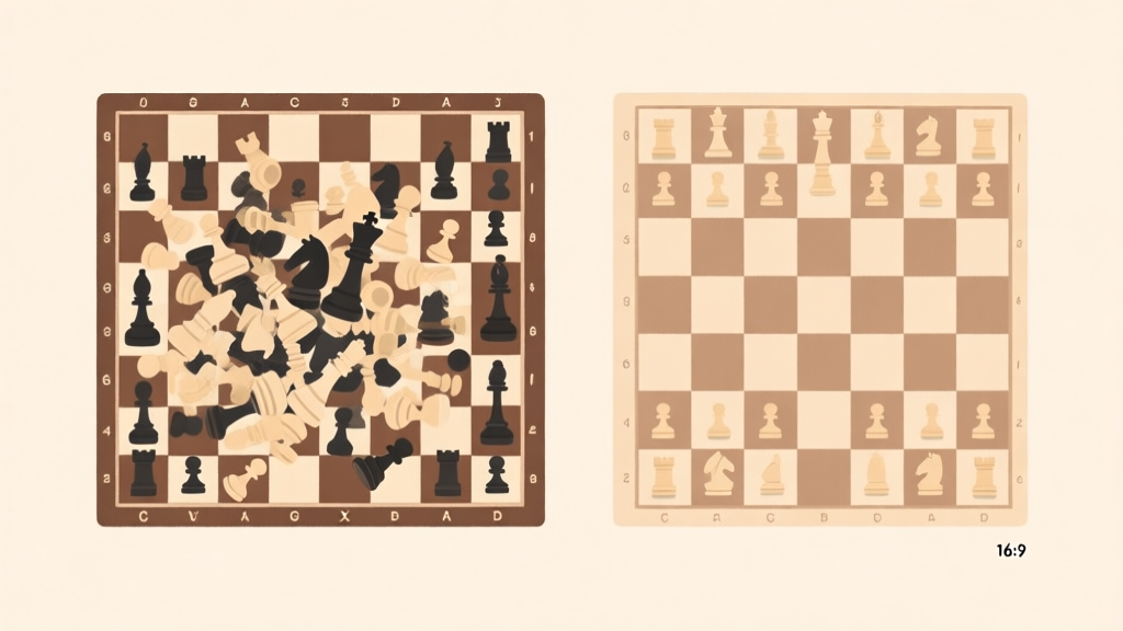 A minimalist chessboard illustration showing a clear contrast between a chaotic, cluttered opening setup on one side (with pieces crammed in the center) and a harmonious, strategically spread setup on the other, using a soft beige and brown color palette high quality illustration, detailed, 16:9