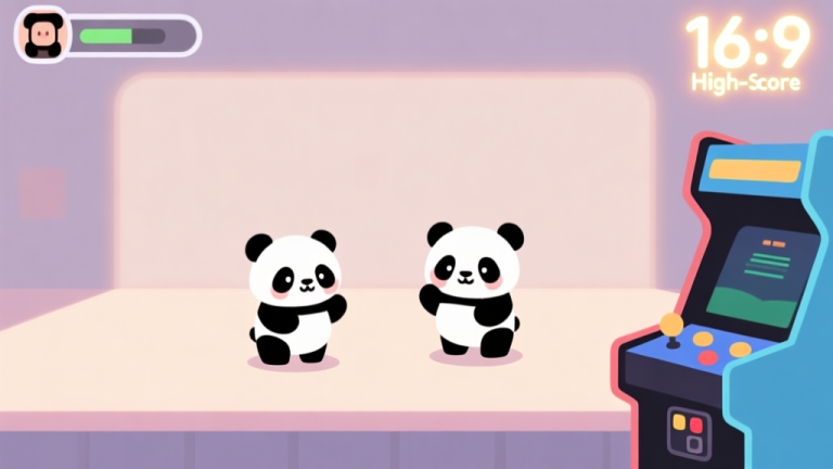 自动生成图片: A cozy, minimalist game interface of a mobile arcade game showing two cute pandas on a simple background, soft pastel colors, clean lines, with a high-score number glowing gently in the corner high quality illustration, detailed, 16:9