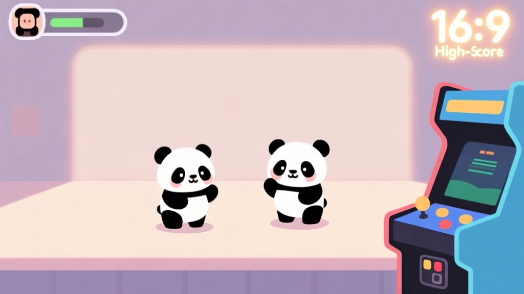 A cozy, minimalist game interface of a mobile arcade game showing two cute pandas on a simple background, soft pastel colors, clean lines, with a high-score number glowing gently in the corner high quality illustration, detailed, 16:9