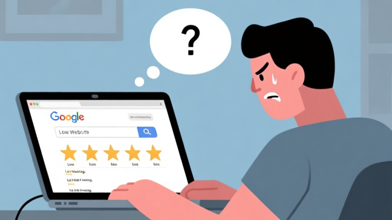 自动生成图片: A frustrated gamer looking at a laptop screen showing low website rankings, with a thought bubble containing a question mark and a Google search bar, in a flat illustration style with muted blues and grays high quality illustration, detailed, 16:9