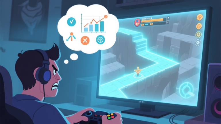 自动生成图片: A frustrated gamer looking at a glowing, intimidating game level on a screen, with a thought bubble showing analytical diagrams and strategy icons, soft blue and grey color scheme high quality illustration, detailed, 16:9