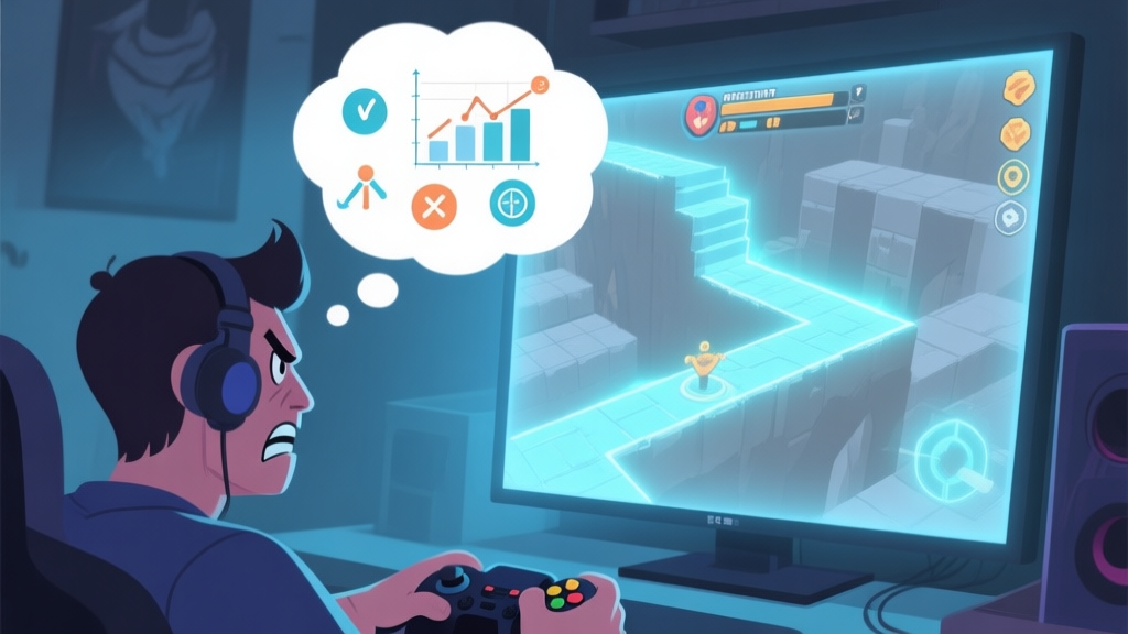 A frustrated gamer looking at a glowing, intimidating game level on a screen, with a thought bubble showing analytical diagrams and strategy icons, soft blue and grey color scheme high quality illustration, detailed, 16:9