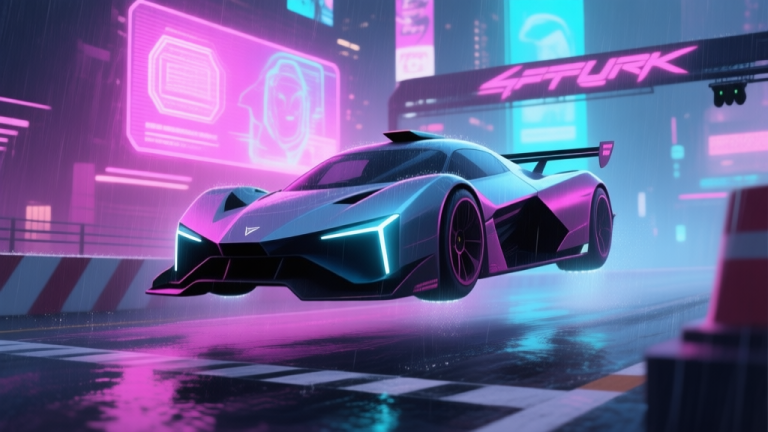 自动生成图片: A sleek, angular cyberpunk racing car hovering at a starting line in a rain-soaked neon city, with holographic advertisements glowing in the background, soft magenta and cyan lighting high quality illustration, detailed, 16:9