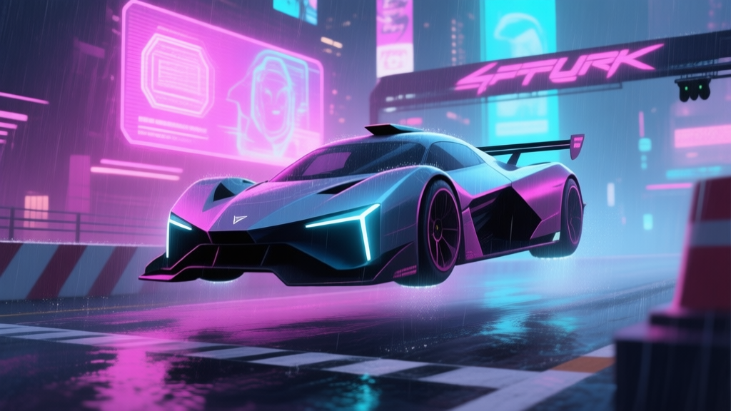 A sleek, angular cyberpunk racing car hovering at a starting line in a rain-soaked neon city, with holographic advertisements glowing in the background, soft magenta and cyan lighting high quality illustration, detailed, 16:9