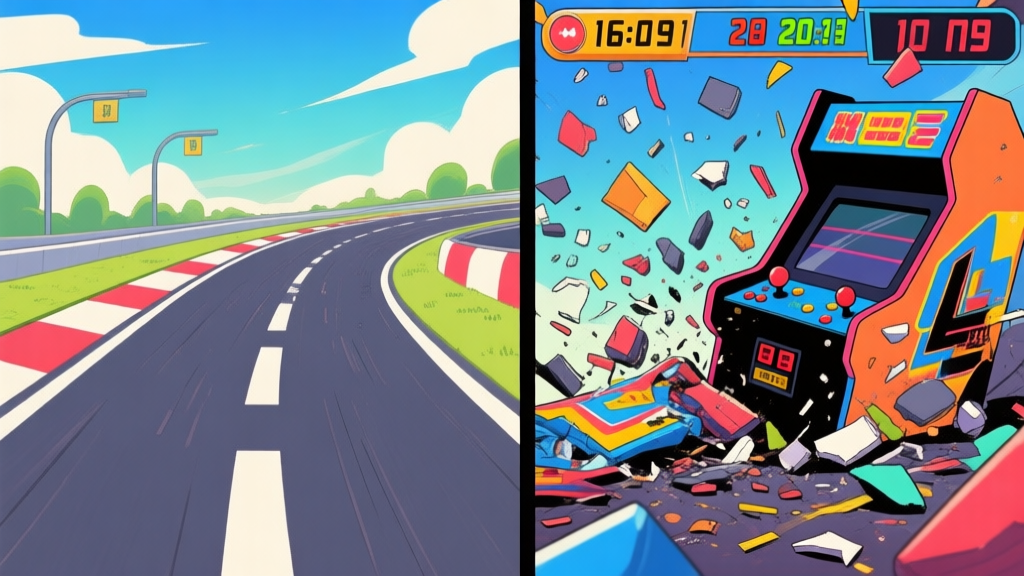 Dynamic split-screen illustration showing a clean racing line on one side and a chaotic, strategic crash on the other, with score multipliers and debris flying, in a vibrant arcade art style high quality illustration, detailed, 16:9