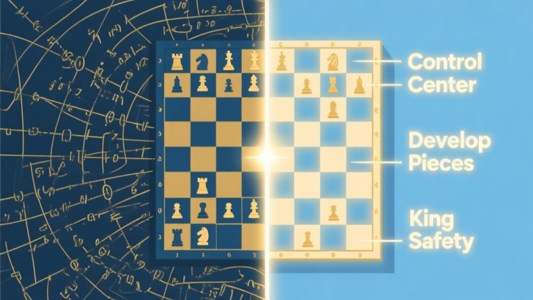 自动生成图片: A split chessboard image showing contrast: one side cluttered with complex opening notation lines, the other side clean with glowing principles like "Control Center", "Develop Pieces", "King Safety" emanating from the board, in a minimalist flat design style with soft blues and golds high quality illustration, detailed, 16:9