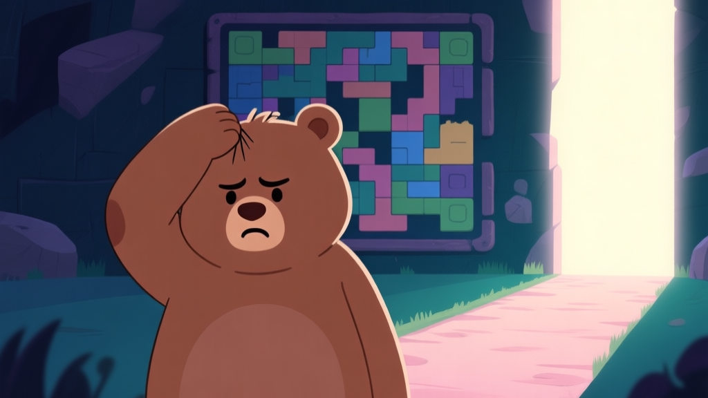 A frustrated cartoon bear character scratching its head in front of a complex in-game puzzle board, with a dimly lit path ahead and a bright, clear path branching off to the side, soft pastel color palette high quality illustration, detailed, 16:9