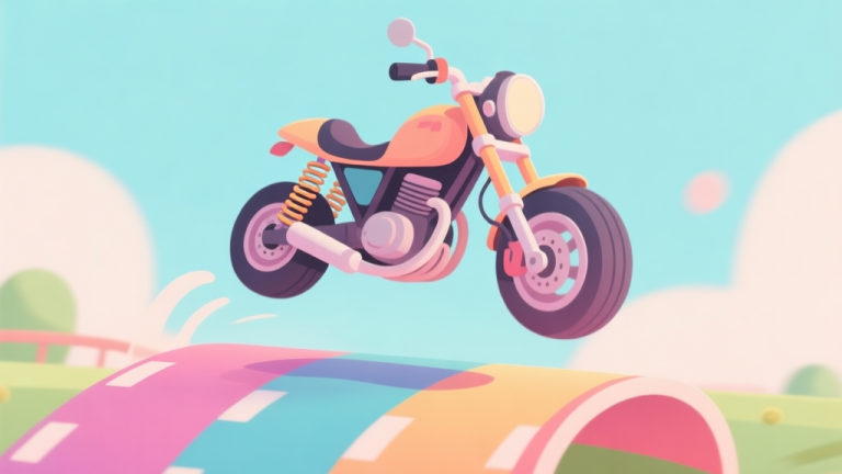自动生成图片: A stylized, playful illustration of a cartoon motorcycle mid-jump on a colorful track, with exaggerated suspension springs and wobbly wheels, soft pastel colors, flat design high quality illustration, detailed, 16:9