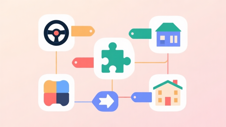 自动生成图片: A minimalist, clean illustration of various game genre icons (like a racing wheel, puzzle piece, and sim building) being organized and connected by colorful, subtle tag labels, on a soft pastel background high quality illustration, detailed, 16:9