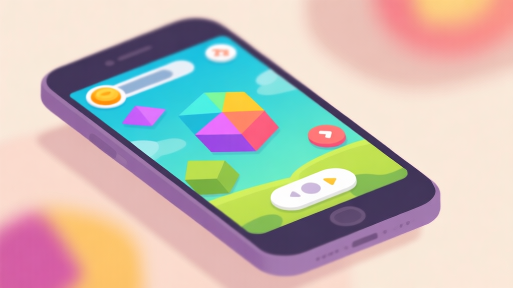 A vibrant, inviting mobile game interface on a phone screen, showing colorful geometric shapes and simple controls, with a soft-focus background, in a flat illustration style high quality illustration, detailed, 16:9