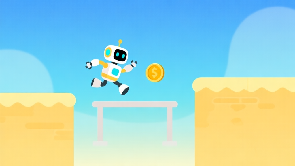A cheerful, minimalist 2D game scene with a small robot character jumping over a simple obstacle, collecting a floating coin, on a soft gradient background of blues and yellows, flat design style high quality illustration, detailed, 16:9