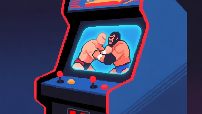 自动生成图片: A dynamic but clean arcade cabinet side-view with two pixel-art wrestlers locked in a grapple, soft glow on the screen, muted colors of deep blue and crimson, flat illustration style high quality illustration, detailed, 16:9
