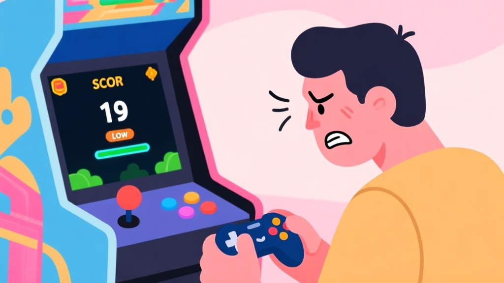A frustrated mobile gamer looking at a low score screen in a colorful arcade game, soft pastel background, flat illustration style high quality illustration, detailed, 16:9