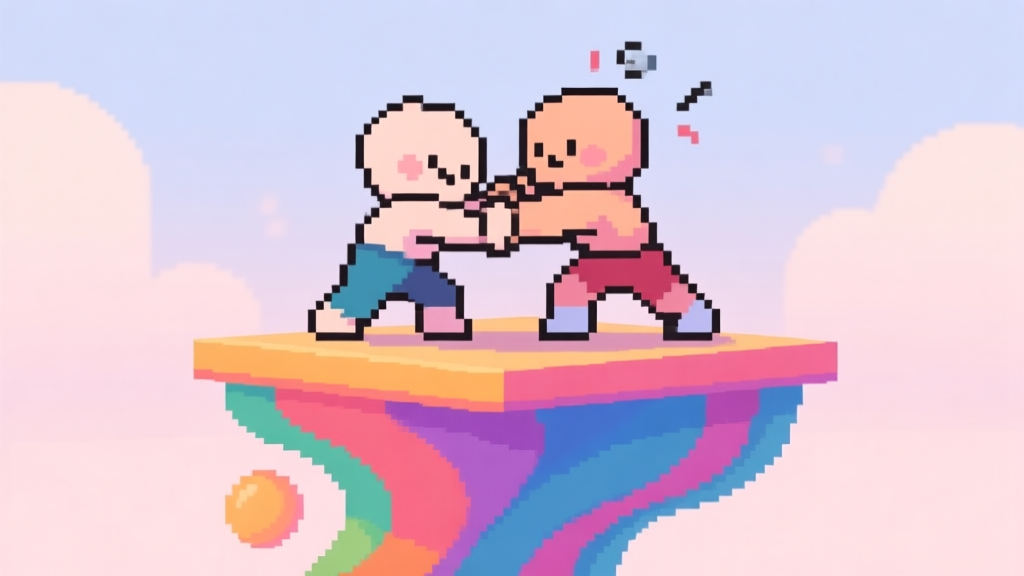 Two simple, cute pixelated characters wrestling on top of a colorful, wobbly platform, one clearly leveraging a tilt to gain advantage, soft pastel background, playful and clear illustration high quality illustration, detailed, 16:9