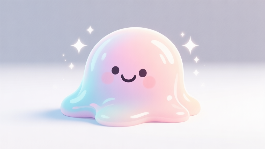 A soft, pastel-colored digital slime blob with a smiling face, wobbling gently on a minimalist white background, with small sparkle effects around it, flat illustration style high quality illustration, detailed, 16:9