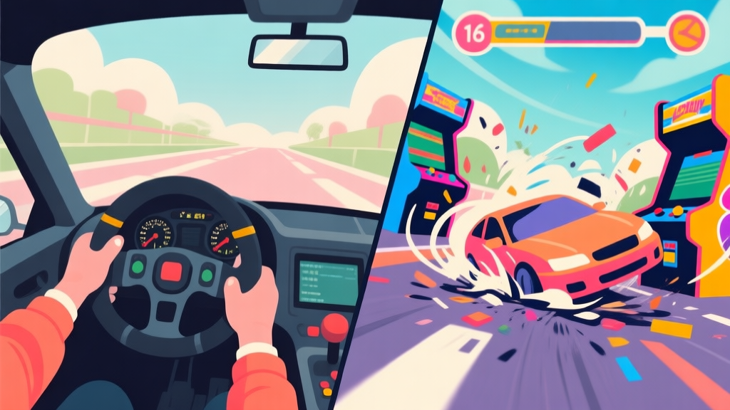 A split-screen image contrasting a realistic racing simulator cockpit view with a chaotic, colorful arcade racing game view showing a car spinning out, flat illustration style, soft colors high quality illustration, detailed, 16:9