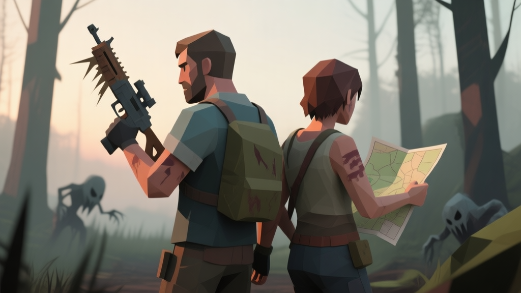 Two stylized survivor characters back-to-back in a low-poly art style, one holding a makeshift weapon and the other a map, surrounded by subtle threats in a muted forest environment, soft dawn color palette high quality illustration, detailed, 16:9